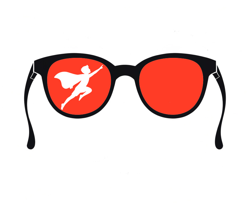 Unas gafas de cristales rojos; en uno de ellos, la silueta de una figura con capa despegando.