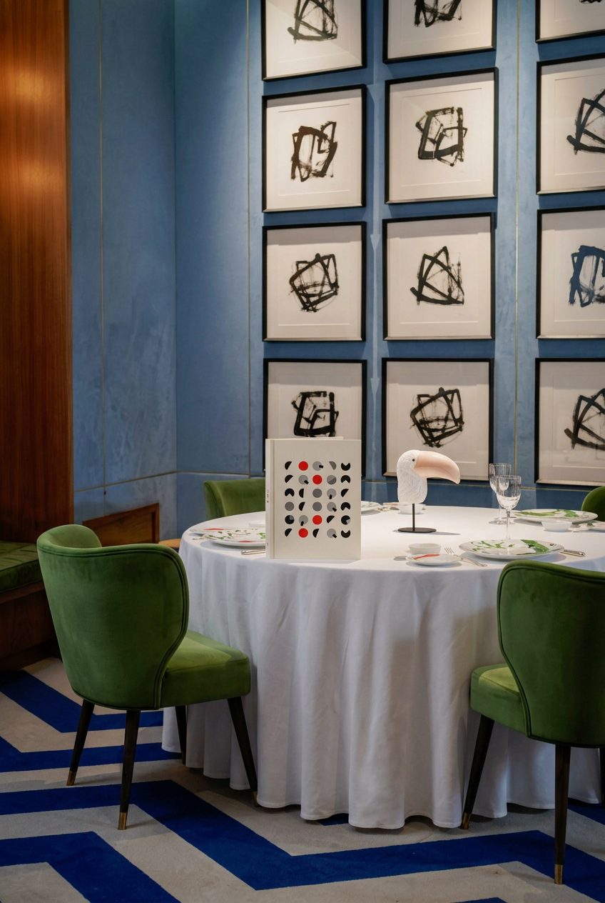 La carta de Coque, cerrada y en pie sobre una mesa redonda vestida de blanco. La cubierta es una ret&iacute;cula de c&iacute;rculos partidos en gris, negro y rojo. Alrededor, sillas de terciopelo verde; al fondo, la pared azul del comedor con la serie de dibujos enmarcados.