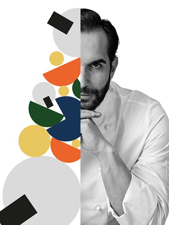 Composici&oacute;n de Coque partida por la mitad: a la izquierda los c&iacute;rculos y semic&iacute;rculos de color de la marca, a la derecha el retrato en blanco y negro del cocinero con la mano en la barbilla.
