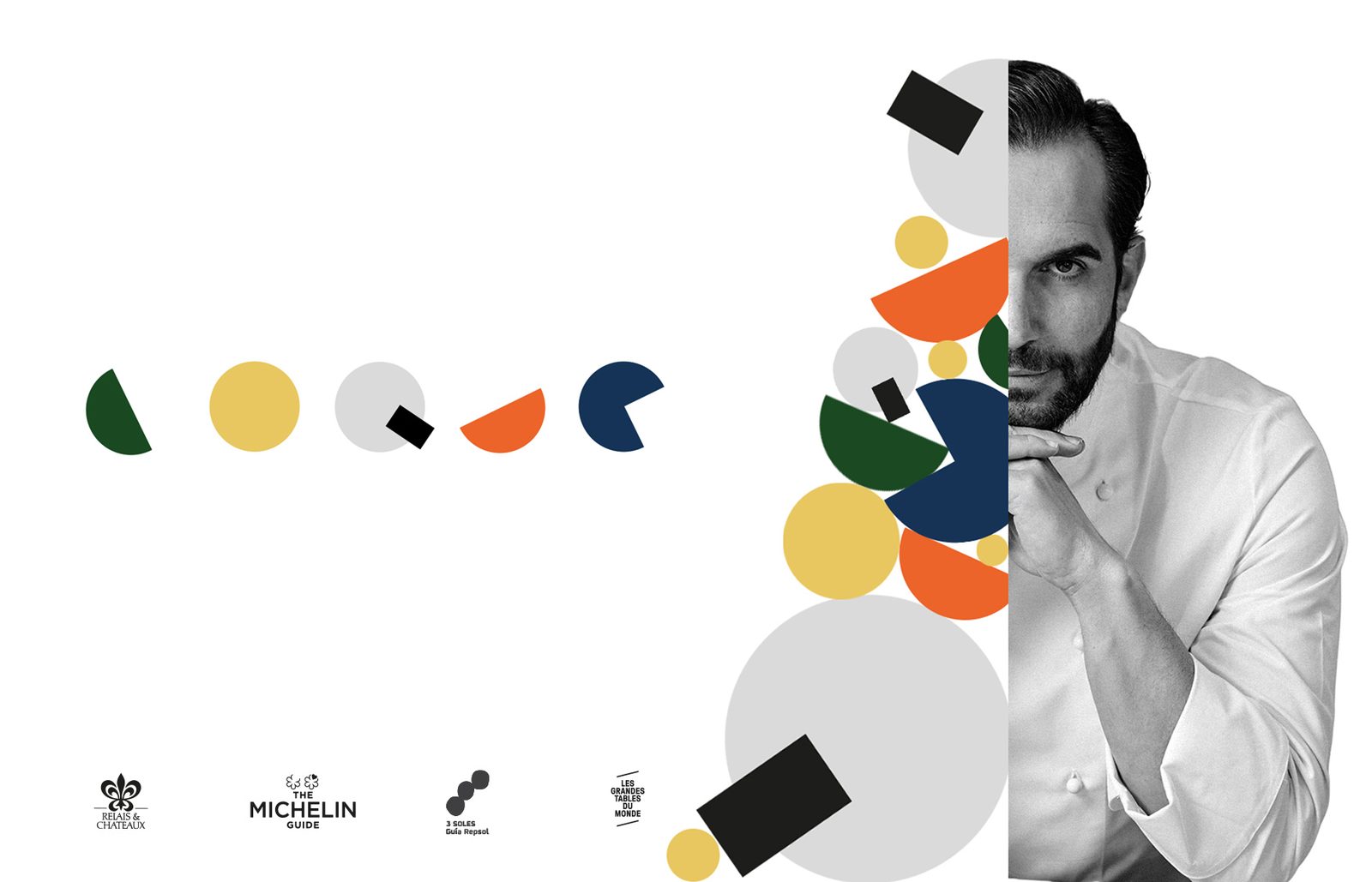 Retrato en blanco y negro del cocinero de Coque junto a la composici&oacute;n de c&iacute;rculos de color de la marca y los sellos de reconocimiento, entre ellos las dos estrellas Michelin.