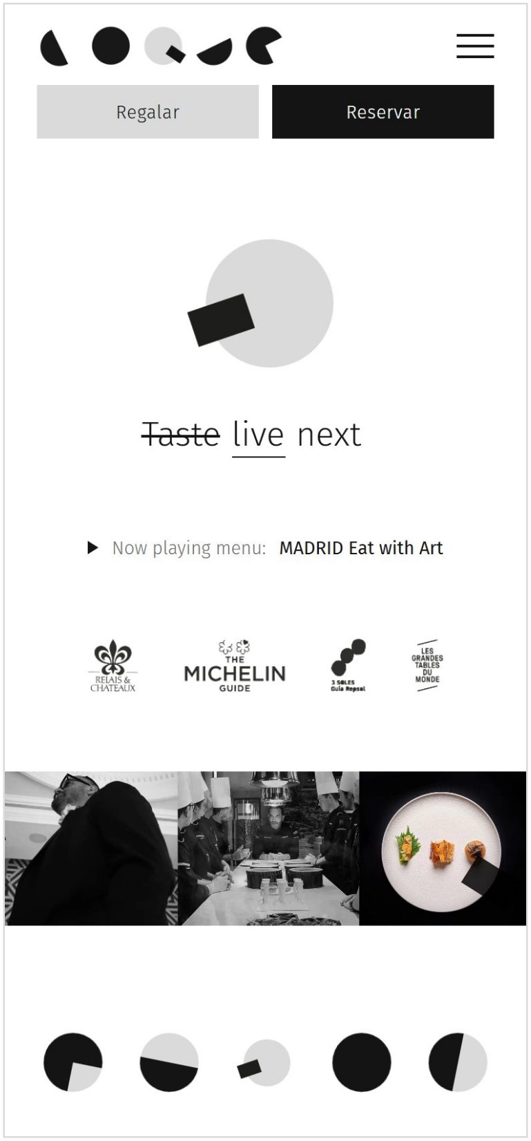 La misma home de Coque en móvil, a 390 px: logotipo y menú arriba, los botones Regalar y Reservar, la Q sobre el lema, los sellos, una franja de fotos de cocina y sala, y una fila de discos del sistema al pie.