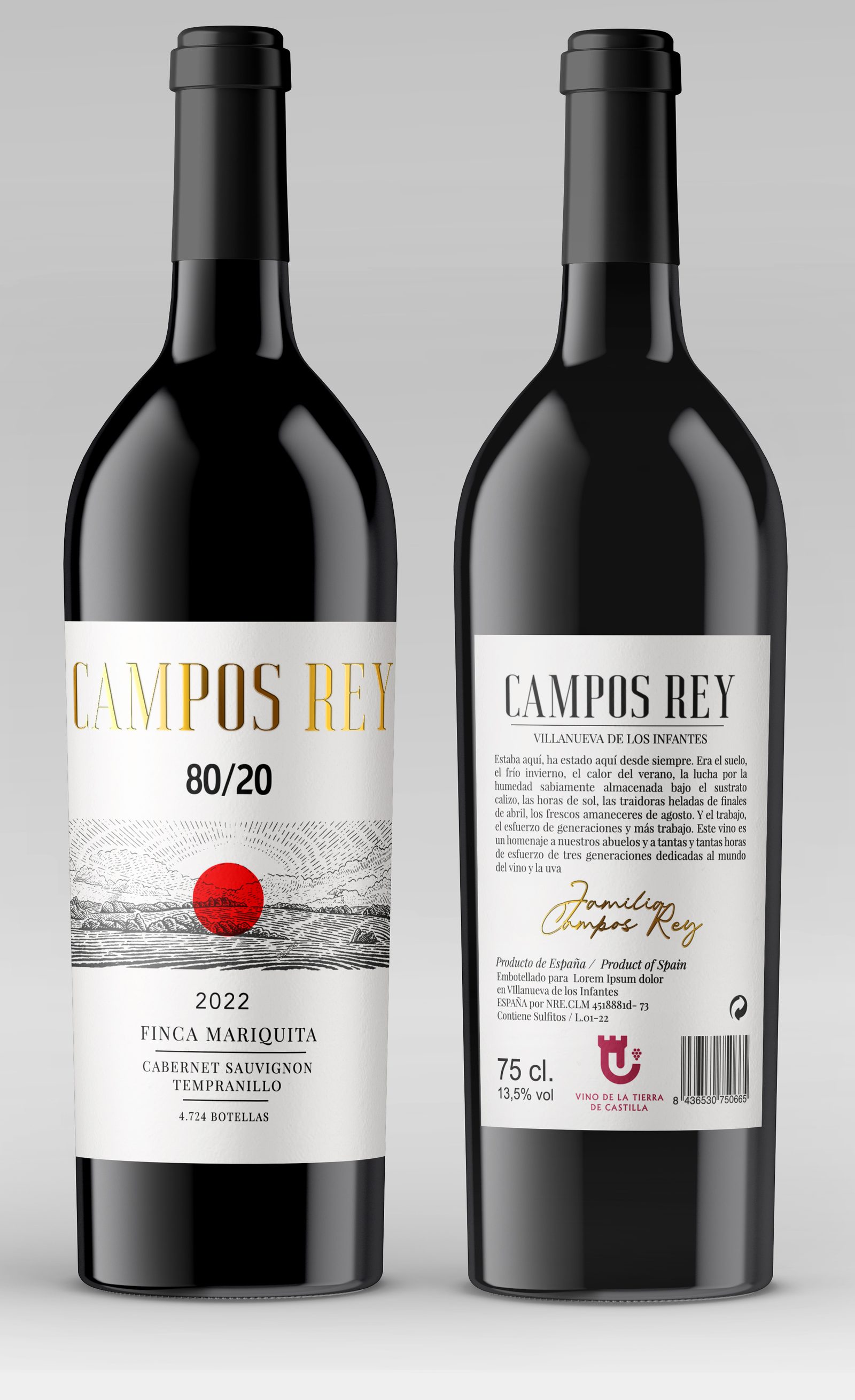 Las dos caras del Campos Rey 80/20 Finca Mariquita: a la izquierda la etiqueta frontal con el paisaje grabado y el sol rojo, a la derecha la contraetiqueta con el relato de la familia.