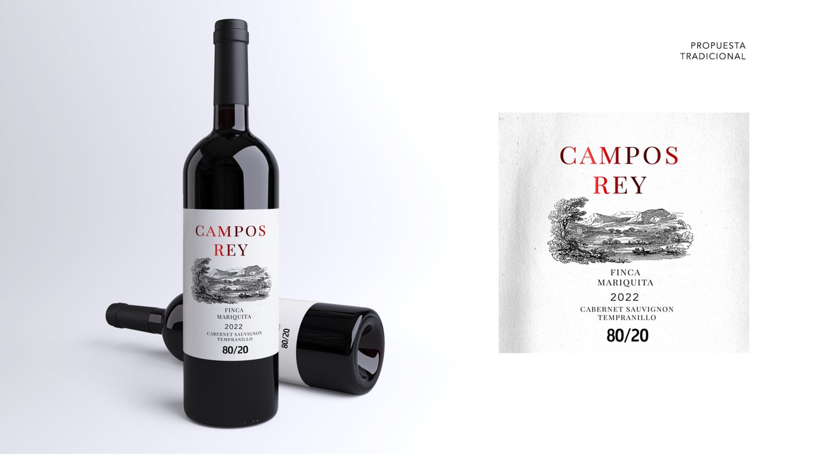 Propuesta tradicional para el Campos Rey 80/20: botella con etiqueta de paisaje grabado y tipografía con serifa, junto al arte plano de la etiqueta.