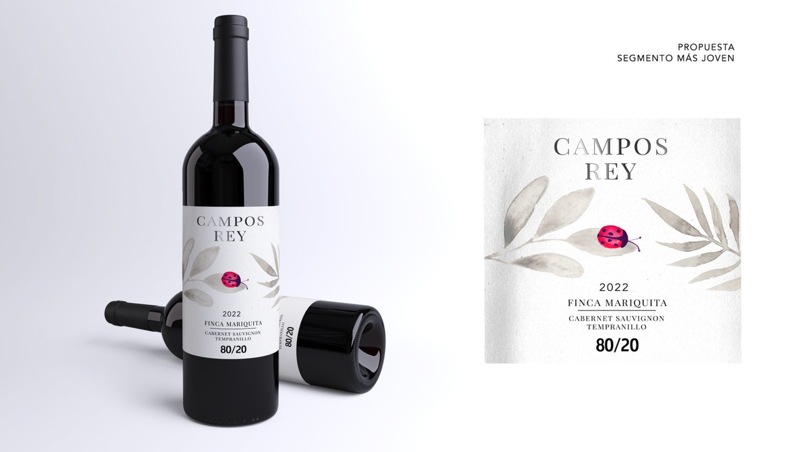 Propuesta joven para el Campos Rey 80/20: botella con etiqueta de fondo limpio, una hoja suelta y la marca en cuerpo pequeño.