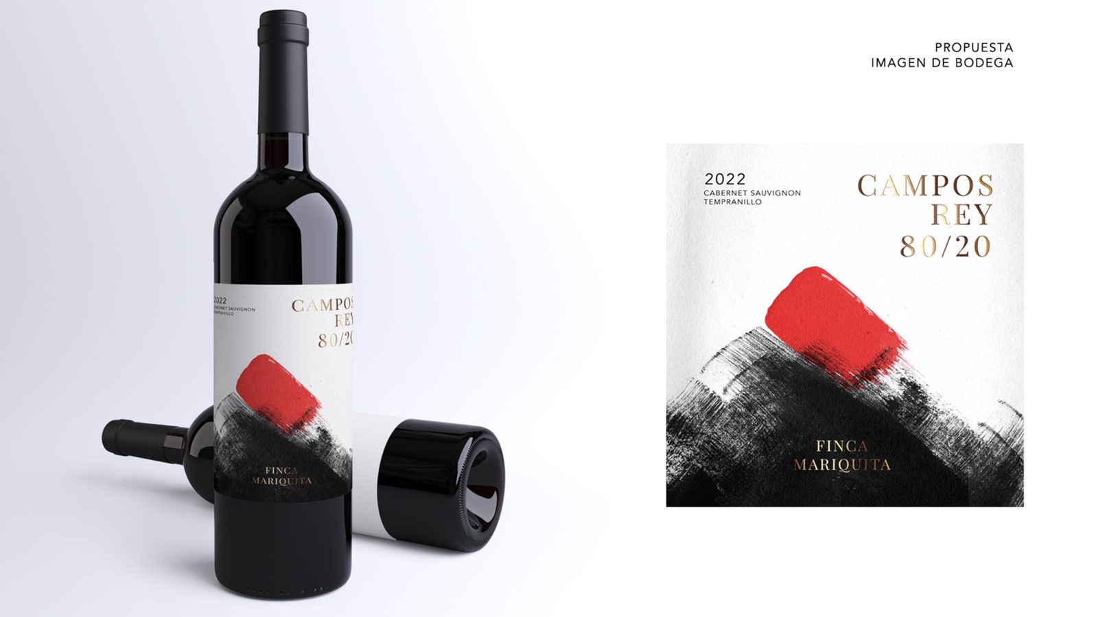 Propuesta de imagen de bodega para el Campos Rey 80/20: botella con un trazo negro de pincel y una mancha roja sobre fondo crudo, junto al arte plano de la etiqueta.