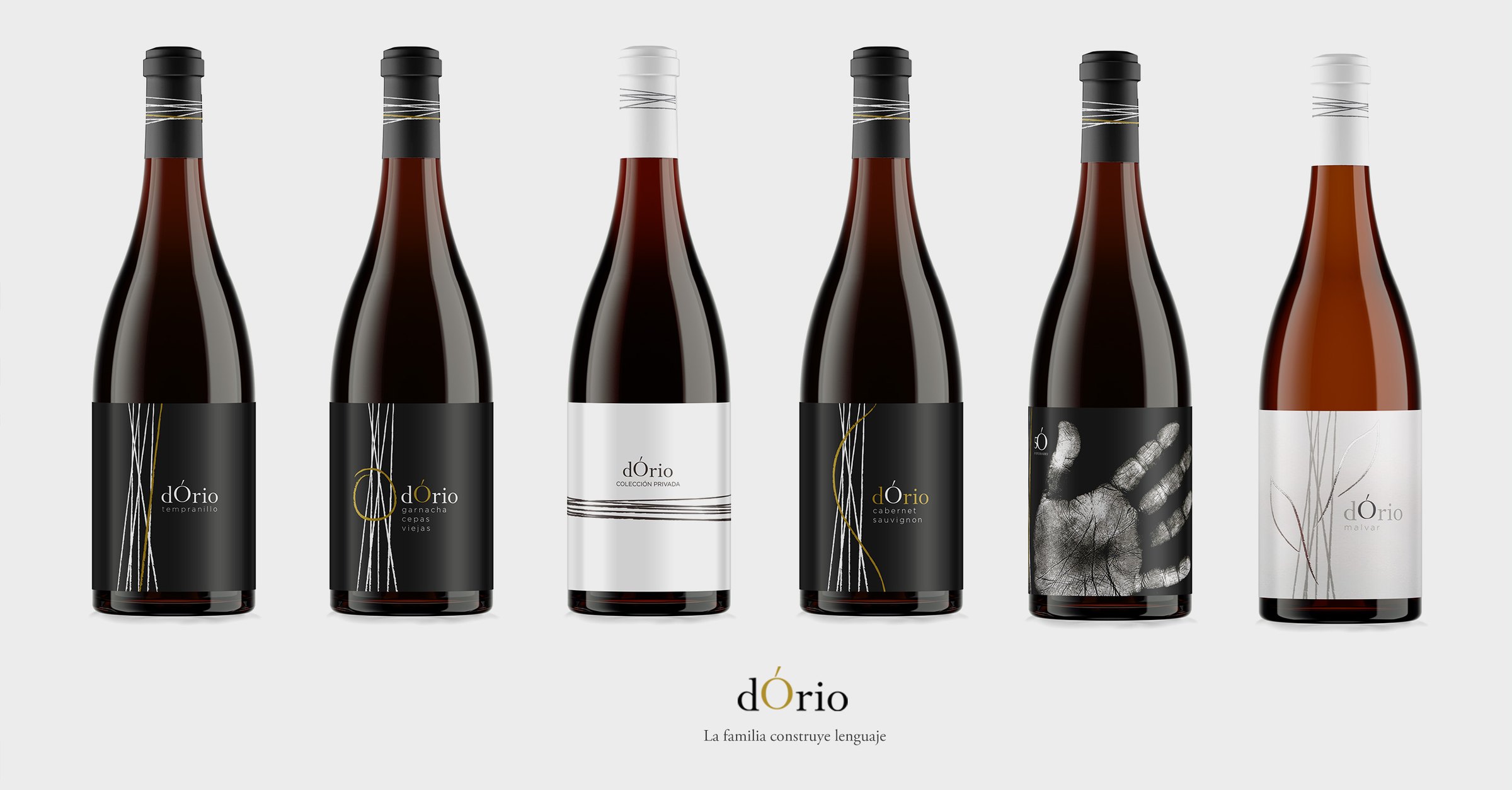 Las seis referencias de dÓrio alineadas de frente sobre fondo gris: cuatro tintos, un blanco y un rosado, con el logotipo dÓrio debajo.