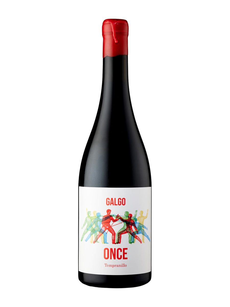 La botella Once de Galgo Wines, un tempranillo, con cápsula roja y etiqueta blanca con figuras de colores.