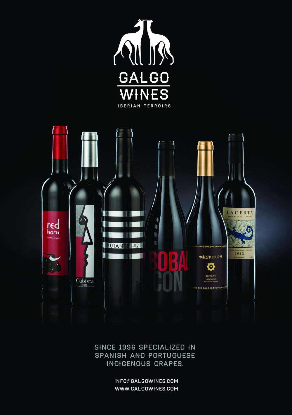 Anuncio de Galgo Wines: seis botellas de la gama sobre fondo negro, con el logotipo de los dos galgos y la línea «since 1996 specialized in Spanish and Portuguese indigenous grapes».