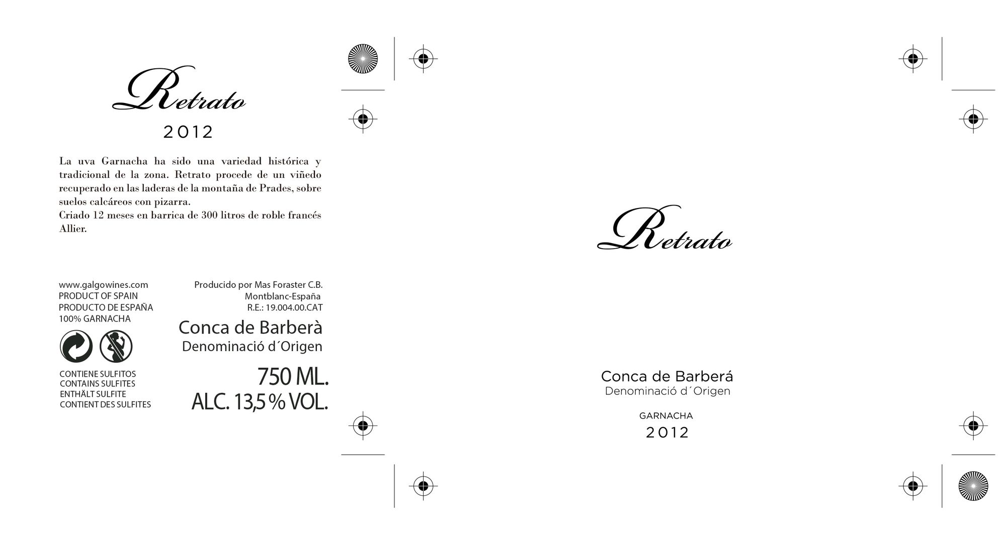 Arte final de la etiqueta de Retrato 2012 de Galgo Wines: la contraetiqueta y la etiqueta frontal montadas lado a lado, con sus cruces de registro y marcas de corte.