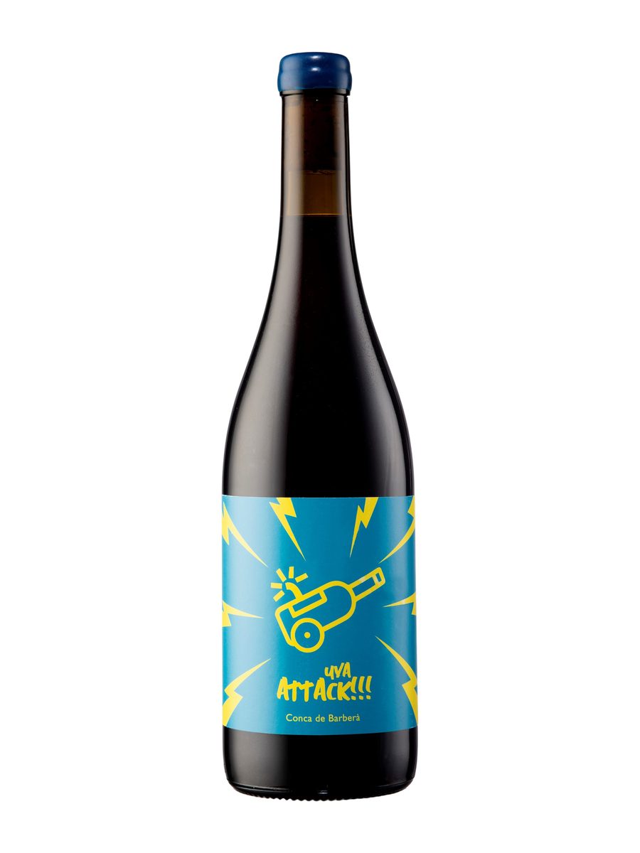 La botella Uva Attack de Galgo Wines, de la Conca de Barberà, con etiqueta azul de rayos amarillos.
