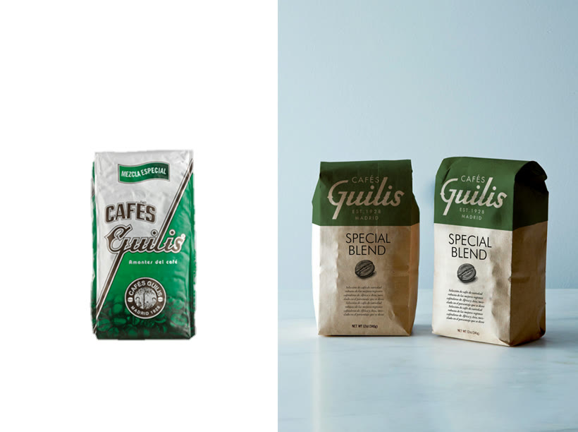 A la izquierda, el paquete verde antiguo de Cafés Guilis; a la derecha, dos bolsas nuevas de la gama Special Blend con la marca redibujada.
