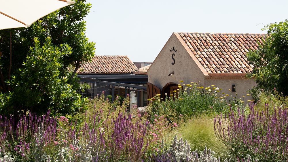 La casa de El Jaral de la Mira, de teja y muro claro, con un jardín de gramíneas y salvias en primer término.