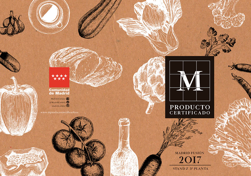Pieza de Madrid Fusión sobre kraft, con ilustraciones de pimiento, pan, alcachofa y tomates en blanco, el sello y la indicación del stand.