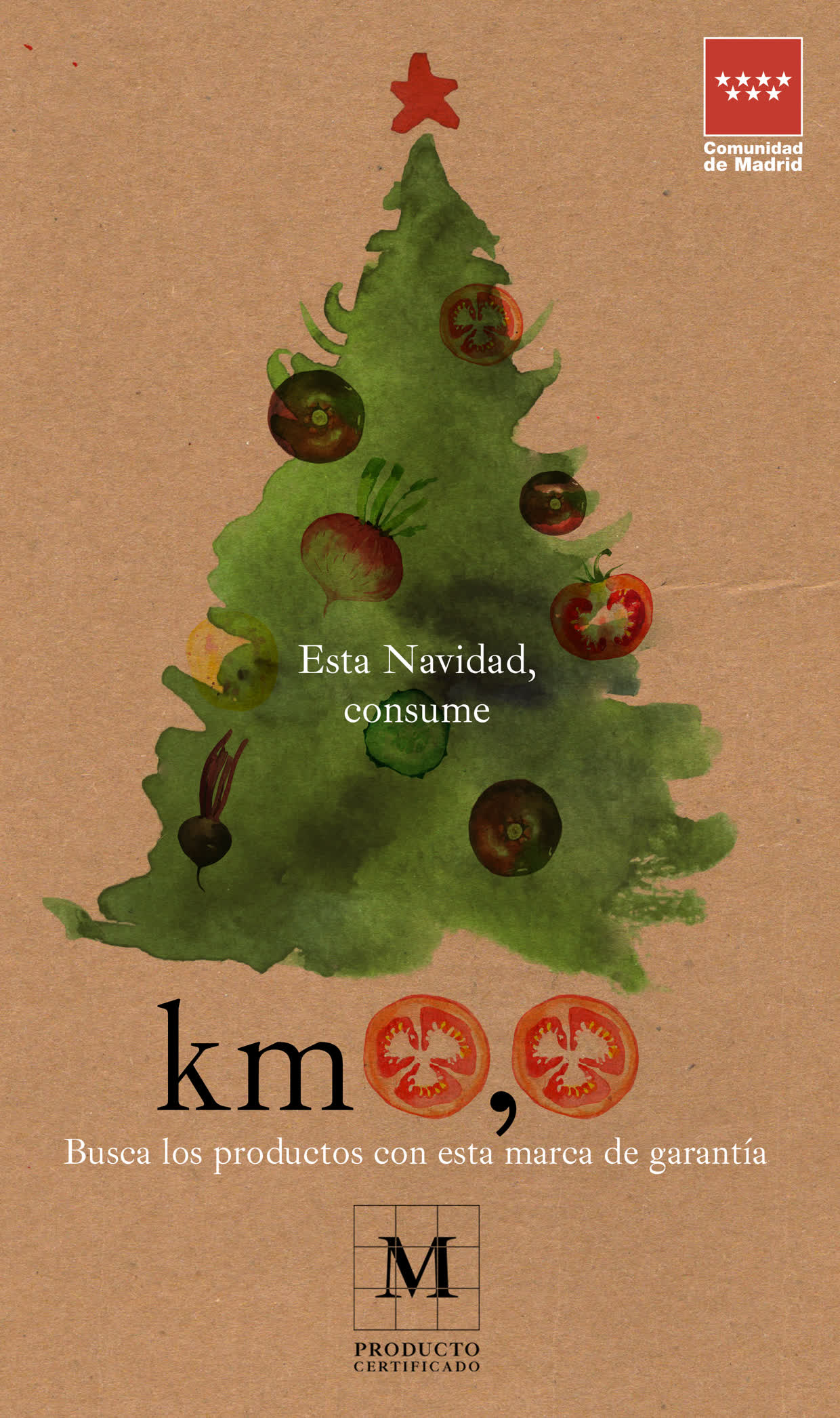 Cartel de Navidad sobre kraft: un abeto pintado en acuarela verde adornado con rodajas de tomate y remolacha, y el reclamo «Esta Navidad, consume km 0,0».