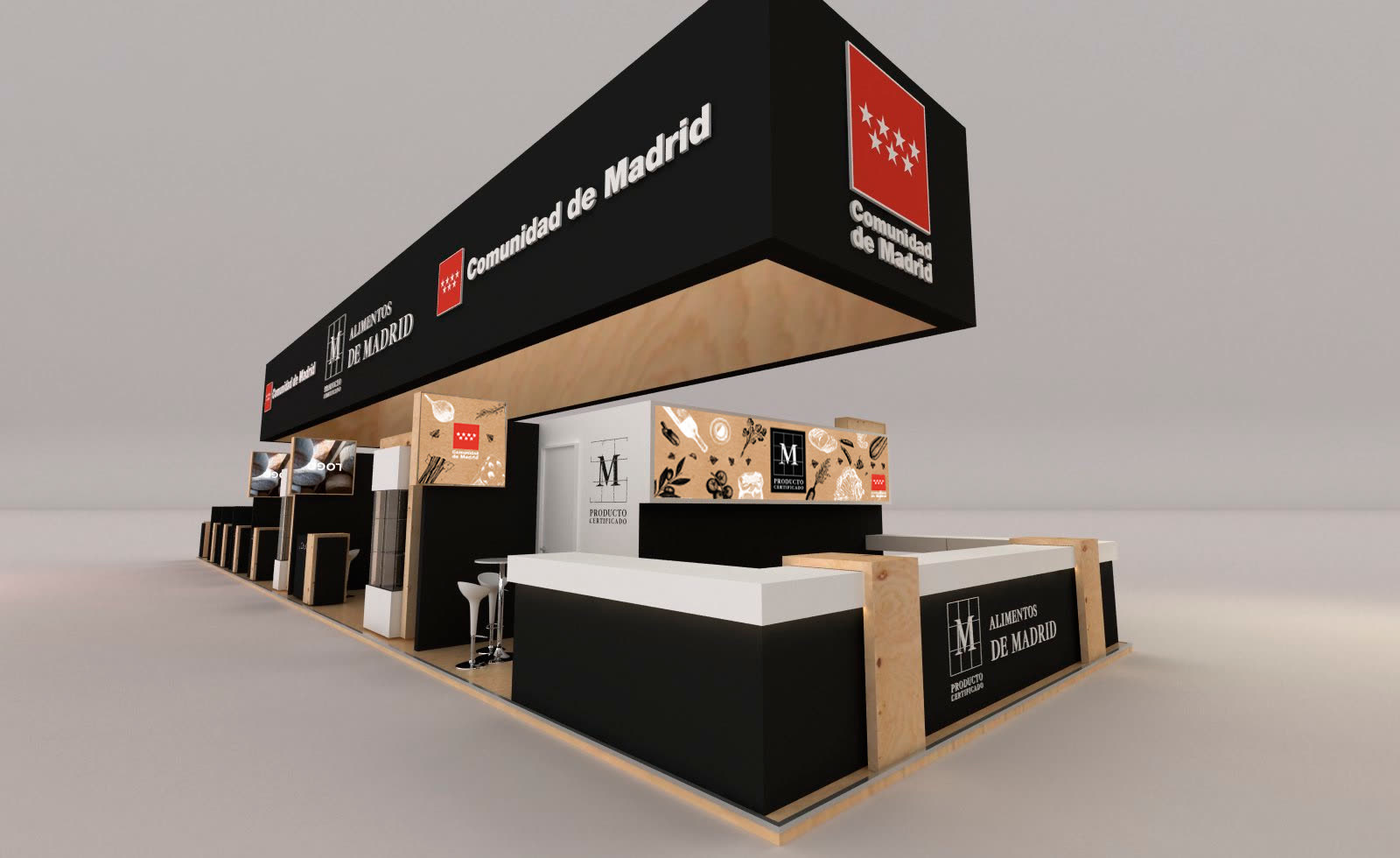 Render del stand de la Comunidad de Madrid en feria: una cornisa negra corrida con el logotipo de la Comunidad y el de Alimentos de Madrid, mostrador blanco y frentes negros con el sello.