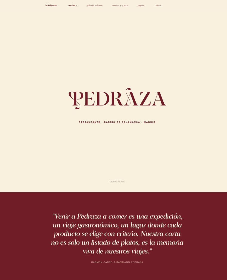 Primer boceto de la nueva home de Taberna Pedraza: el logotipo sobre fondo crema, el rótulo «Restaurante · Barrio de Salamanca · Madrid» y un bloque borgoña con el texto de bienvenida.