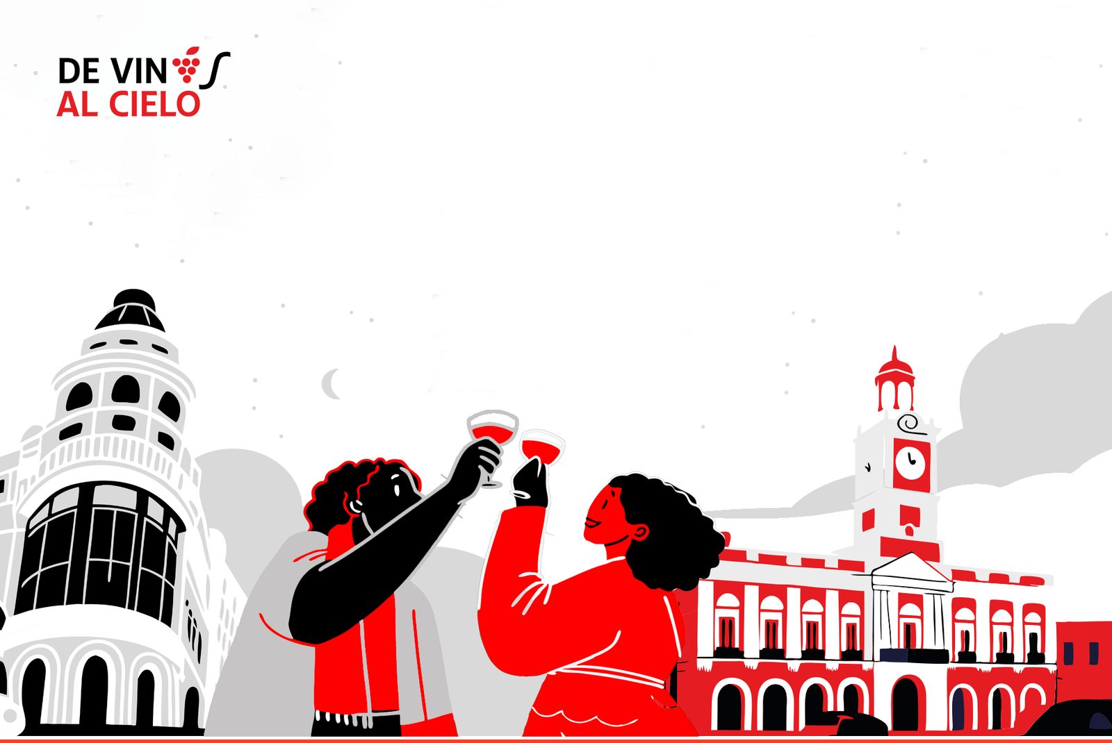 La portada de la web: el titular «De vinos al cielo» arriba a la izquierda y, debajo, una ilustración en rojo, negro y blanco de dos personas brindando con copas de vino entre el edificio Metrópolis y la Casa de Correos de la Puerta del Sol.