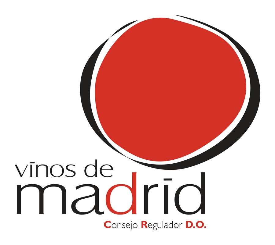 La marca anterior, de 2009: un disco rojo sobre un aro negro y debajo «vinos de madrid» en minúsculas con «Consejo Regulador D.O.».
